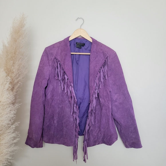 Purple fringe suede leather jacket L - Picture 9 of 11